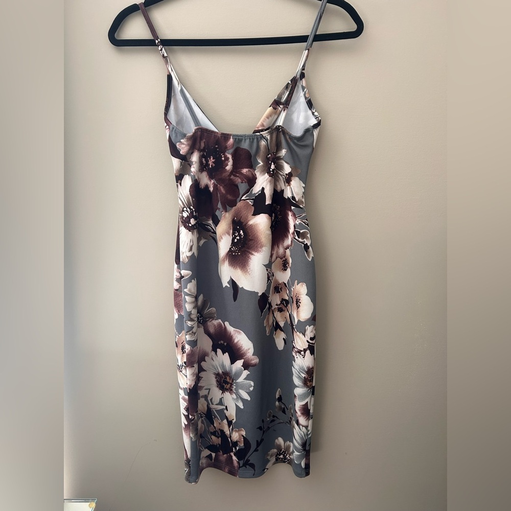 Floral Slip Dress in Gray and Brown - Sleeveless V-Neck - Picture 3 of 3